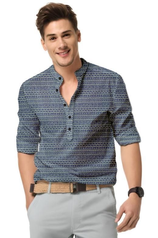 Men's Printed Spread Collar Casual Shirt Navy Blue bqu5q7-dm