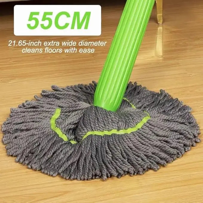 Gray mop with green handle on a wooden floor, labeled '55CM' and '21.65-inch extra wide diameter'.