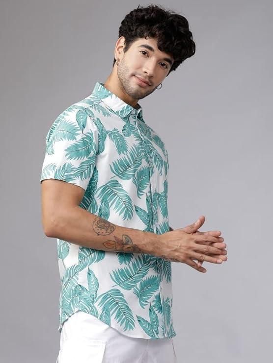 Men's Printed Half Sleeves Regular Collar Casual Shirt White & Light Green bqu5q7-dm