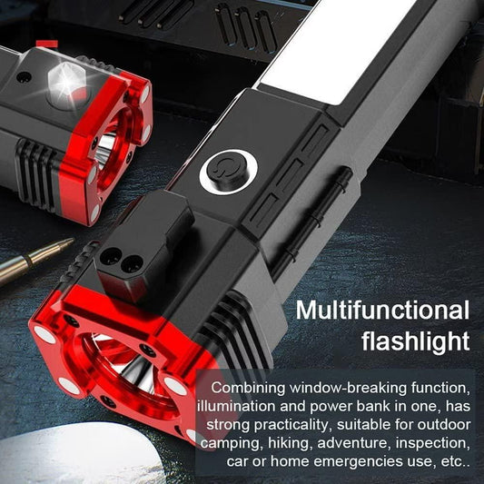 Portable LED Flashlight Multifunctional Work Light Power Bank Emergencies Safety Hammer Waterproof with Sidelight 4 Light Modes for Car Outdoor Camping Hiking Adventure Inspection Red yunfu bqu5q7-dm