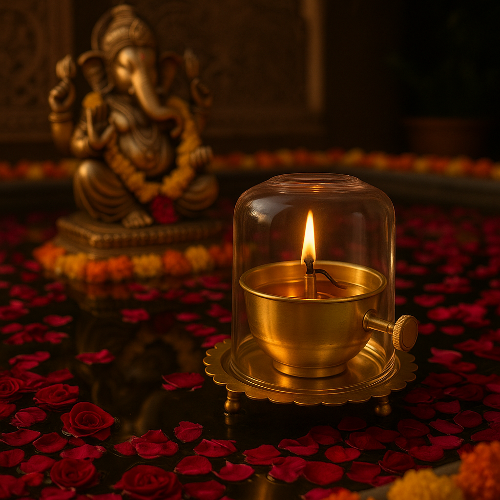 Gold lamp with a candle inside a glass cover on red rose petals, with a statue in the background. Soppykart